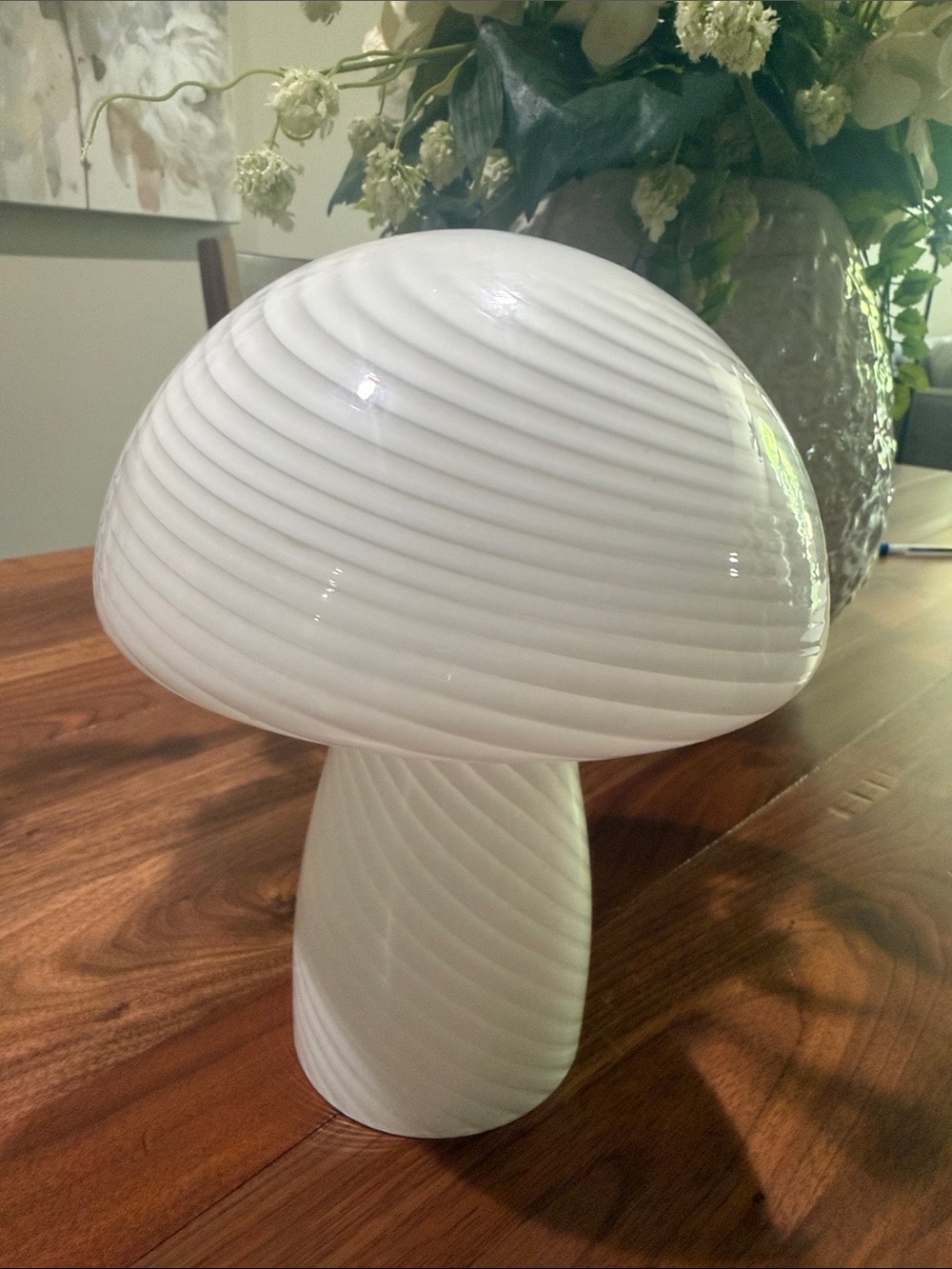 White Swirl Glass Mushroom Sculpture 10" Tall by 9" Wide
